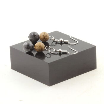 Boucles D'oreilles 2 Perles Labradorite + bois 8 mm en acier inoxydable.