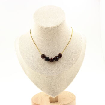 Collier 5 perles Obsidienne mahogany 8 mm. Chaine en acier doré inoxydable