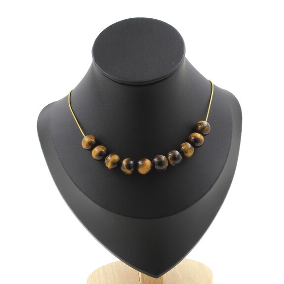 Tiger's Eye 10 mm 10 beads necklace. Golden stainless steel chain