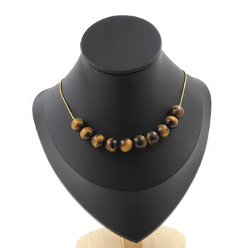 Tiger's Eye 10 mm 10 beads necklace. Golden stainless steel chain