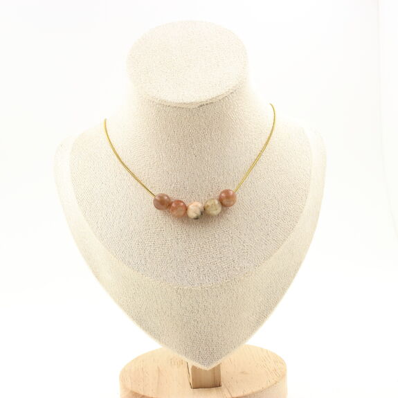 Sunstone 8 mm 5 beads necklace. Golden Stainless steel chain