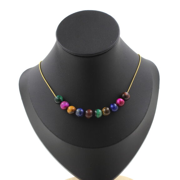 Multicolored Tiger's Eye 8 mm 10 beads necklace. Golden stainless steel chain