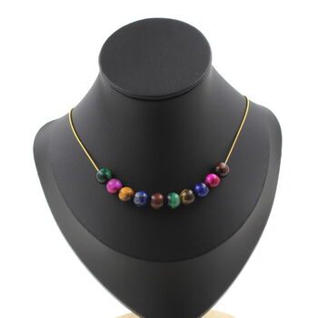 Multicolored Tiger's Eye 8 mm 10 beads necklace. Golden stainless steel chain