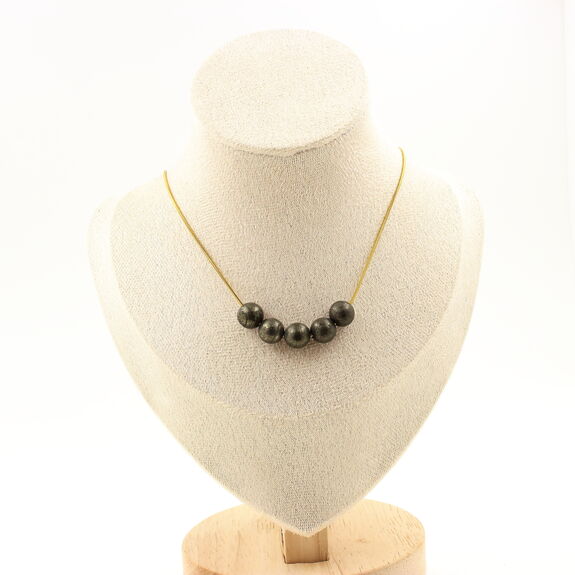 Pyrite from Spain 8 mm 5 beads necklace. Golden Stainless steel chain