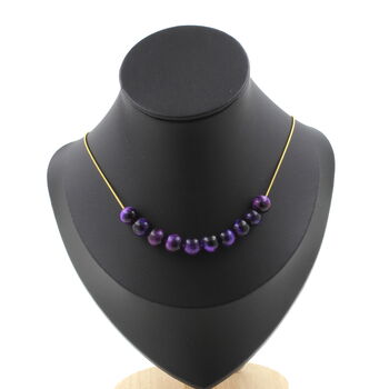 Purple Tiger's Eye 8 mm 10 beads necklace. Golden stainless steel chain