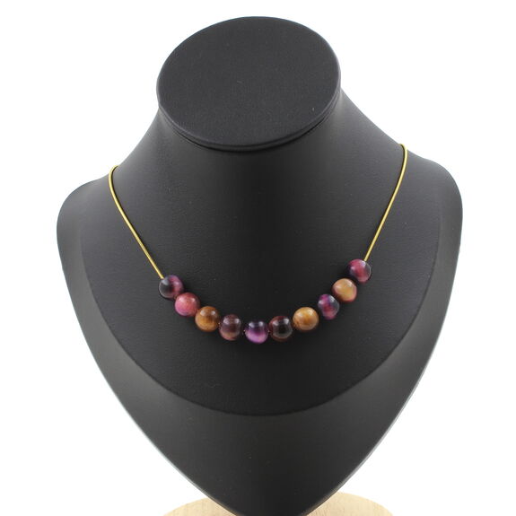 Two-tone Purple Tiger's Eye 8 mm 10 beads necklace. Golden stainless steel chain