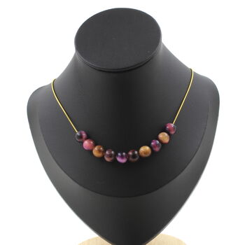 Two-tone Purple Tiger's Eye 8 mm 10 beads necklace. Golden stainless steel chain