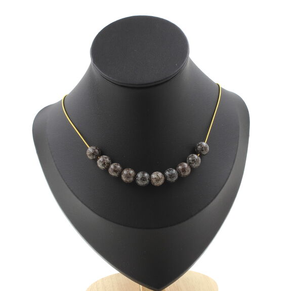 Brown Snowflake Obsidian 8 mm 10 beads necklace. Golden stainless steel chain