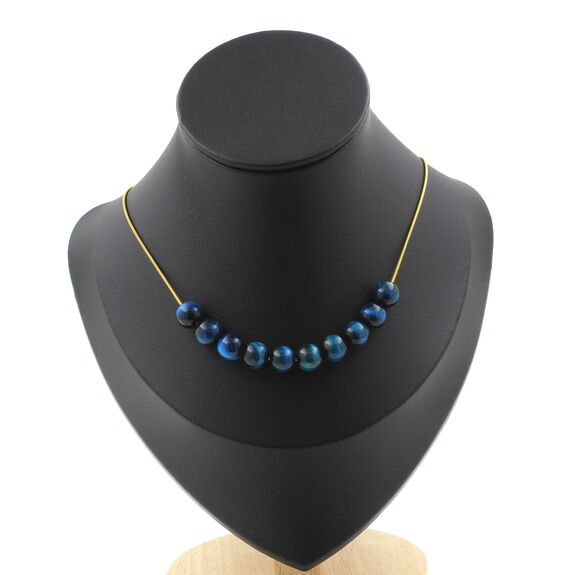 Light blue Tiger's Eye 8 mm 10 beads necklace. Golden stainless steel chain