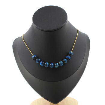 Light blue Tiger's Eye 8 mm 10 beads necklace. Golden stainless steel chain