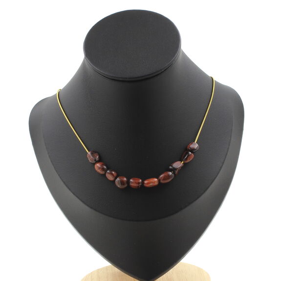 Red Tiger Eye from Brazil 10 beads necklace. Golden stainless steel chain
