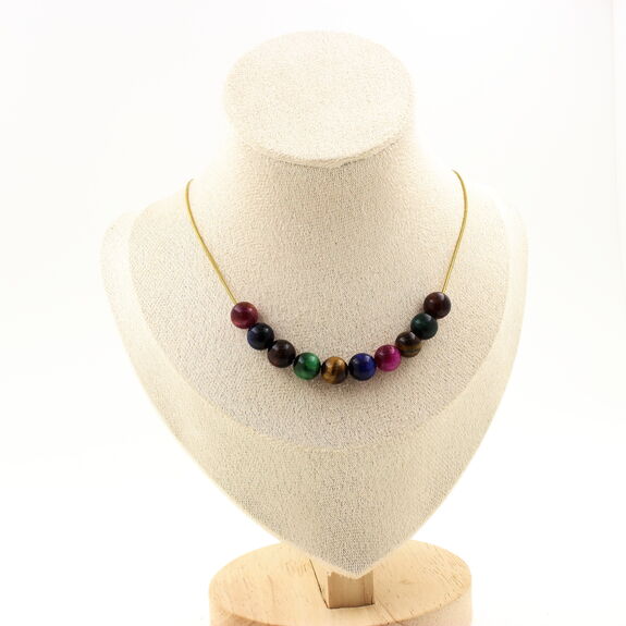 Tiger Eye Mix colors 8 mm 10 beads necklace. Golden stainless steel chain