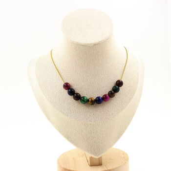 Tiger Eye Mix colors 8 mm 10 beads necklace. Golden stainless steel chain