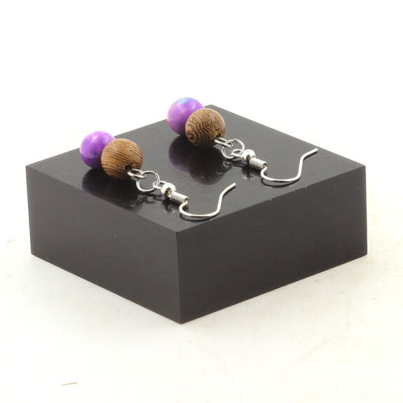 Stainless steel Earrings Blue purple Jasper + wood 8 mm 2 Beads.