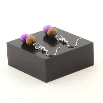 Stainless steel Earrings Blue purple Jasper + wood 8 mm 2 Beads.