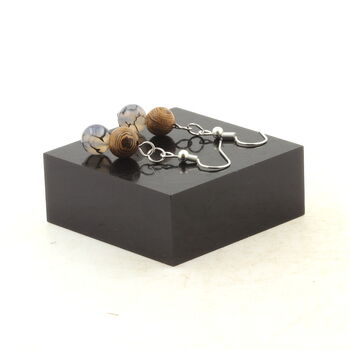 Stainless steel Earrings Dragon Vein Agate + wood 8 mm 2 Beads.