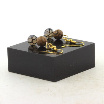 Golden Stainless steel Earrings Dragon Vein Agate + wood 8 mm 2 Beads.