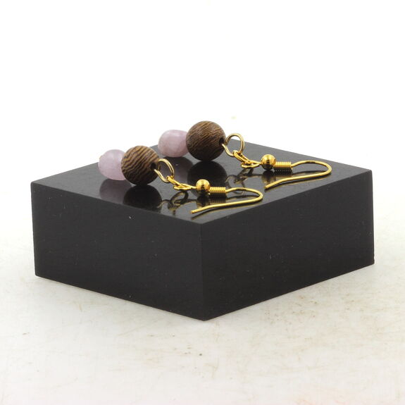 Golden Stainless steel Earrings Kunzite from Brazil + wood 8 mm 2 Beads.
