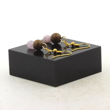 Golden Stainless steel Earrings Kunzite from Brazil + wood 8 mm 2 Beads.