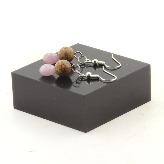 Stainless steel Earrings Kunzite from Brazil + wood 8 mm 2 Beads.