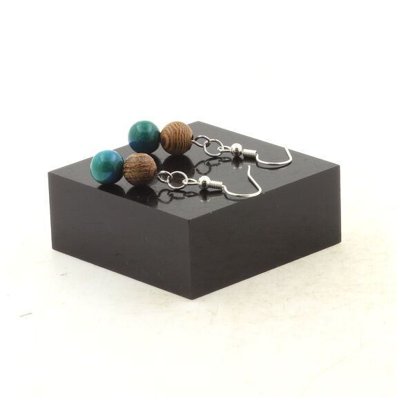 Stainless steel Earrings Tinted Chrysocolla + wood 8 mm 2 Beads.