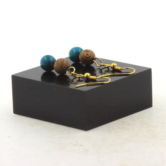 Golden Stainless steel Earrings Tinted Chrysocolla + wood 8 mm 2 Beads.