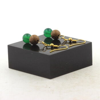 Golden Stainless steel Earrings Green Agate + wood 8 mm 2 Beads.