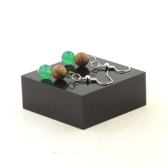 Stainless steel Earrings Green Agate + wood 8 mm 2 Beads.