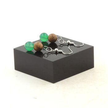 Stainless steel Earrings Green Agate + wood 8 mm 2 Beads.