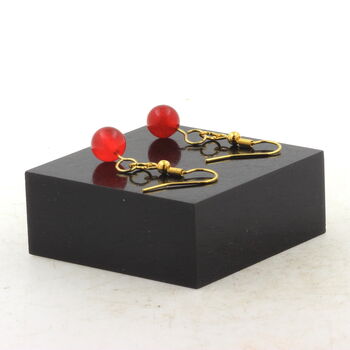 Golden Stainless steel Earrings Red Chalcedony 8 mm 1 Bead.