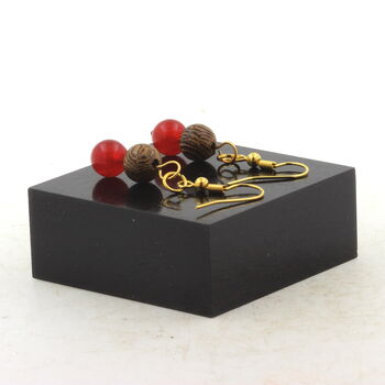 Golden Stainless steel Earrings Red Chalcedony + wood 8 mm 2 Beads.