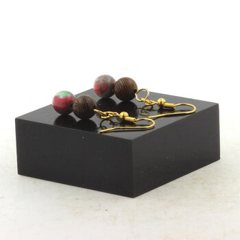 Golden Stainless steel Earrings Red green Jasper + wood 8 mm 2 Beads.