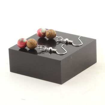 Stainless steel Earrings Red green Jasper + wood 8 mm 2 Beads.