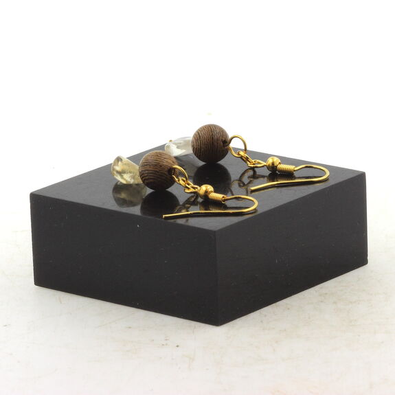 Golden Stainless steel Earrings Citrine from Brazil + wood 8 mm 2 Beads.
