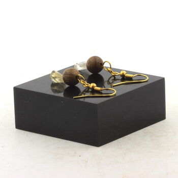 Golden Stainless steel Earrings Citrine from Brazil + wood 8 mm 2 Beads.