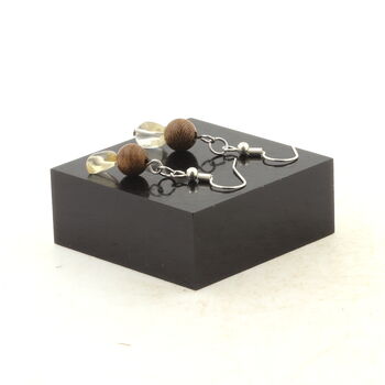 Boucles D'oreilles 2 Perles Citrine du Brésil + bois 8 mm en acier inoxydable.