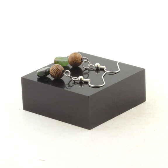 Stainless steel Earrings Nephrite Jade from Siberia (Russia) + wood 8 mm 2 Beads.