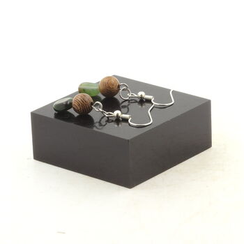 Stainless steel Earrings Nephrite Jade from Siberia (Russia) + wood 8 mm 2 Beads.