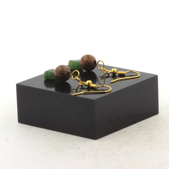 Golden Stainless steel Earrings Nephrite Jade from Siberia (Russia) + wood 8 mm 2 Beads.