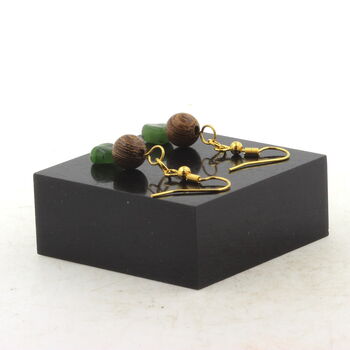 Golden Stainless steel Earrings Nephrite Jade from Siberia (Russia) + wood 8 mm 2 Beads.