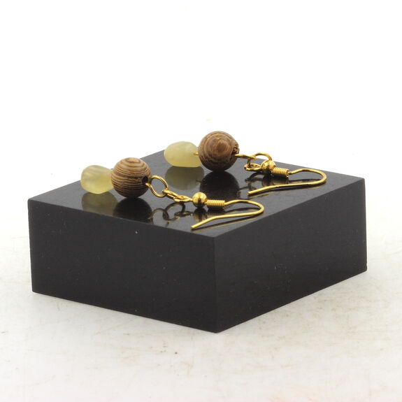 Golden Stainless steel Earrings Yellow Calcite from the UK + wood 8 mm 2 Beads.