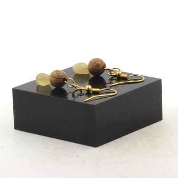 Golden Stainless steel Earrings Yellow Calcite from the UK + wood 8 mm 2 Beads.