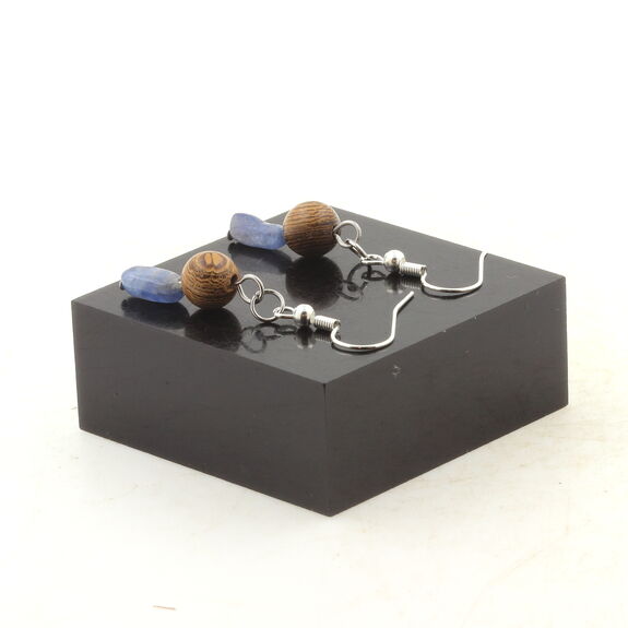 Stainless steel Earrings Blue Kyanite from Brazil + wood 8 mm 2 Beads.