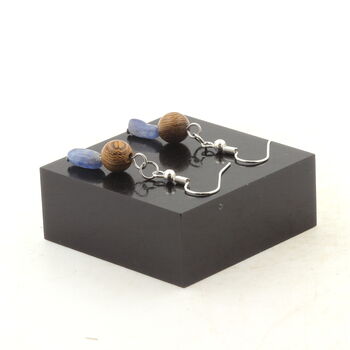 Stainless steel Earrings Blue Kyanite from Brazil + wood 8 mm 2 Beads.