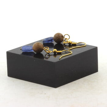Golden Stainless steel Earrings Blue Kyanite from Brazil + wood 8 mm 2 Beads.