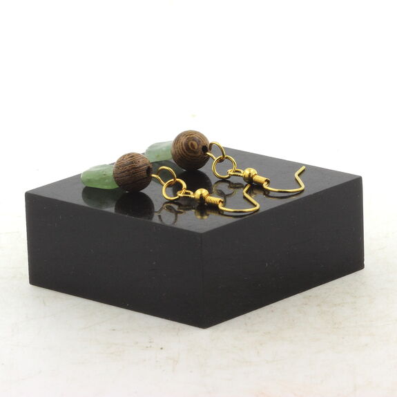 Golden Stainless steel Earrings Green Kyanite from Brazil + wood 8 mm 2 Beads.