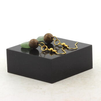 Golden Stainless steel Earrings Green Kyanite from Brazil + wood 8 mm 2 Beads.