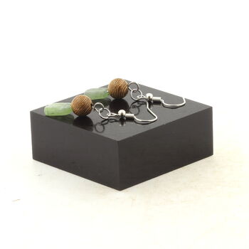 Stainless steel Earrings Green Kyanite from Brazil + wood 8 mm 2 Beads.