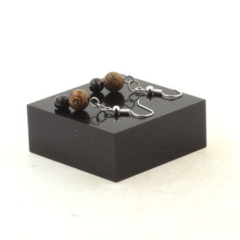 Boucles D'oreilles 2 Perles Hypersthène d'Égypte + bois 8 mm en acier inoxydable.