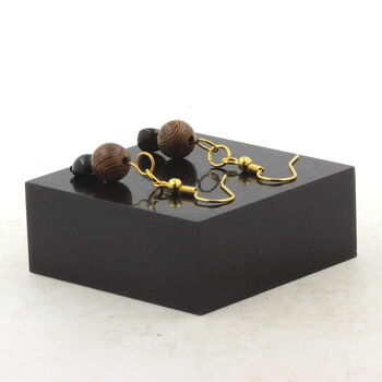 Golden Stainless steel Earrings Hypersthene from Egypt + wood 2 Beads.